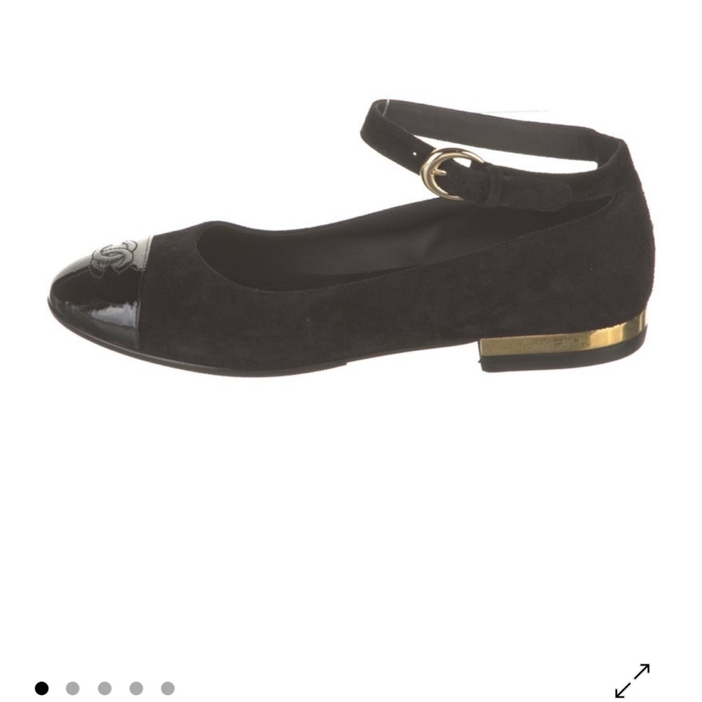 CHANEL Black Suede and Patent Leather Flats with Gold Accent